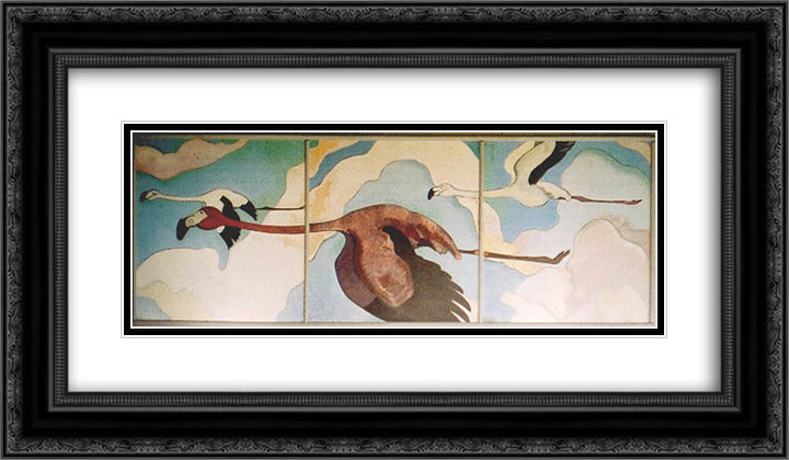 Flamingos in Flight 24x14 Black Ornate Wood Framed Art Print Poster with Double Matting by Manookian, Arman