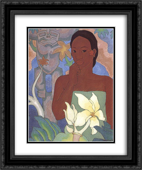 Polynesian Woman and Tiki 20x24 Black Ornate Wood Framed Art Print Poster with Double Matting by Manookian, Arman