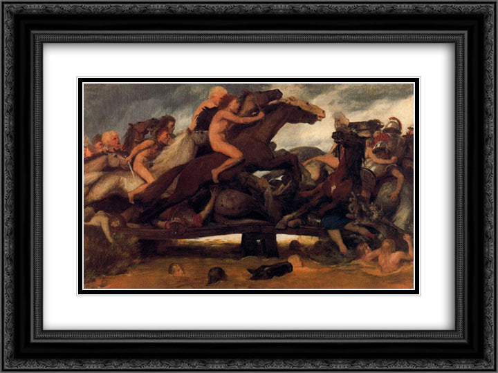 Fighting on a bridge 24x18 Black Ornate Wood Framed Art Print Poster with Double Matting by Bocklin, Arnold