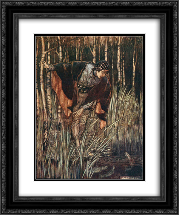 The Fishes, in their joy, stretched up their heads above the water, and promised to reward him 20x24 Black Ornate Wood Framed Art Print Poster with Double Matting by Rackham, Arthur