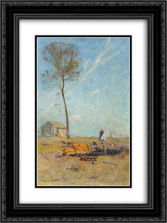 The Selector's Hut (Whelan on the Log) 18x24 Black Ornate Wood Framed Art Print Poster with Double Matting by Streeton, Arthur