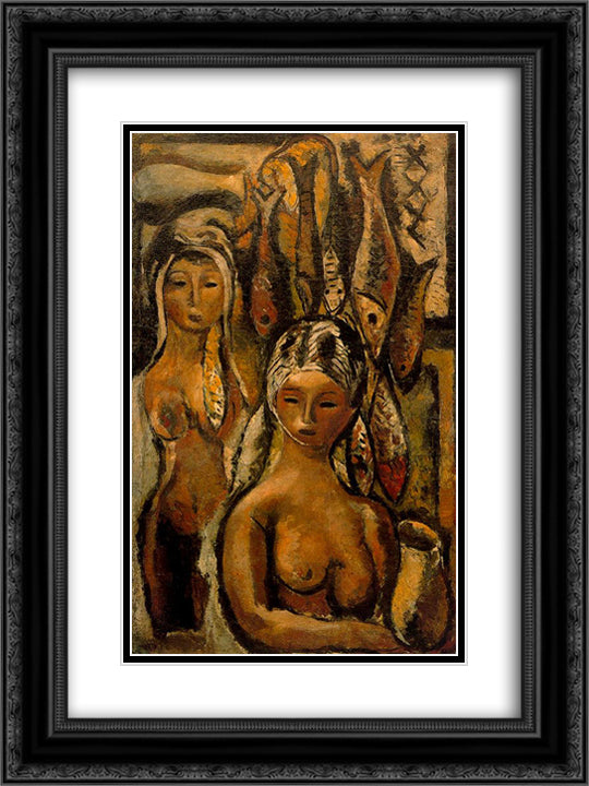 Women and Fish 18x24 Black Ornate Wood Framed Art Print Poster with Double Matting by Souto, Arturo