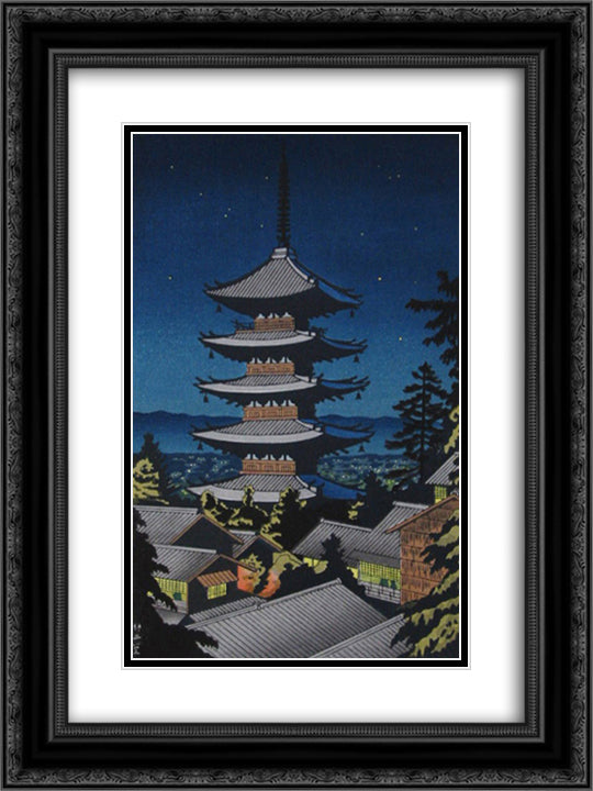 Moonlight in Yasaka Pagoda 18x24 Black Ornate Wood Framed Art Print Poster with Double Matting by Takeji, Asano