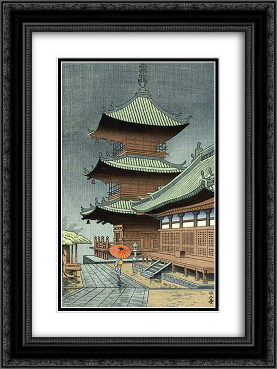 Rain in Kiyomizu Temple 18x24 Black Ornate Wood Framed Art Print Poster with Double Matting by Takeji, Asano