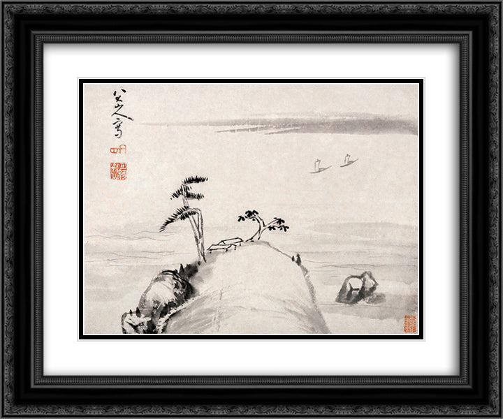 Landscape (Album Leaf) 24x20 Black Ornate Wood Framed Art Print Poster with Double Matting by Shanren, Bada