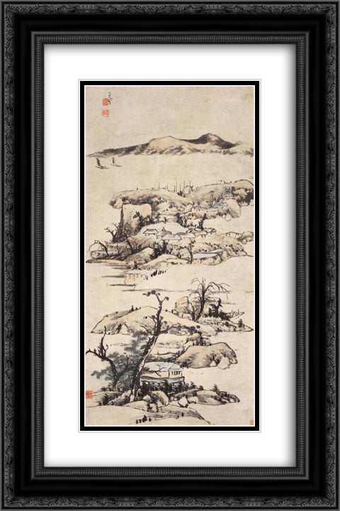 Landscape (Ni Zan Style) 16x24 Black Ornate Wood Framed Art Print Poster with Double Matting by Shanren, Bada
