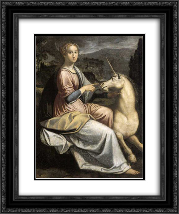 Dama con l'unicorno 20x24 Black Ornate Wood Framed Art Print Poster with Double Matting by Longhi, Barbara