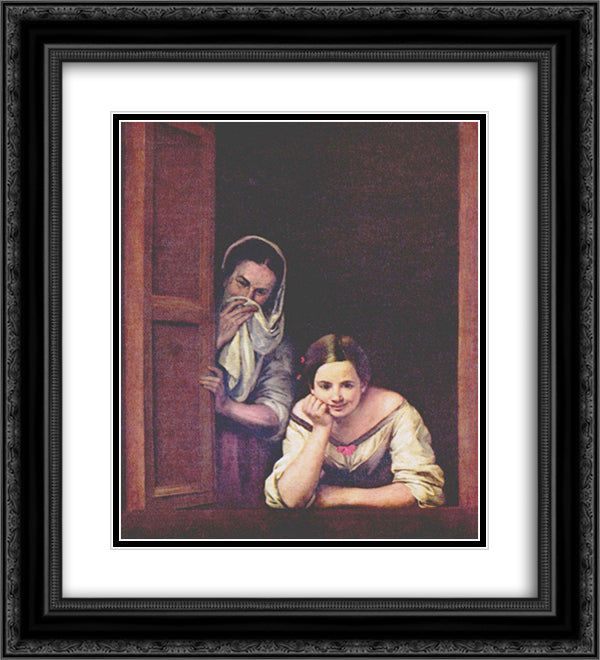 A Girl and her Duenna 20x22 Black Ornate Wood Framed Art Print Poster with Double Matting by Murillo, Bartolome Esteban