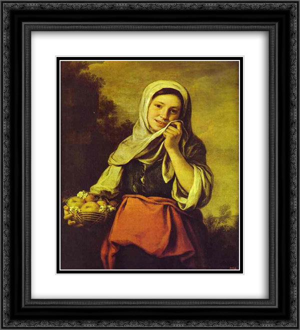A Girl with Fruits 20x22 Black Ornate Wood Framed Art Print Poster with Double Matting by Murillo, Bartolome Esteban