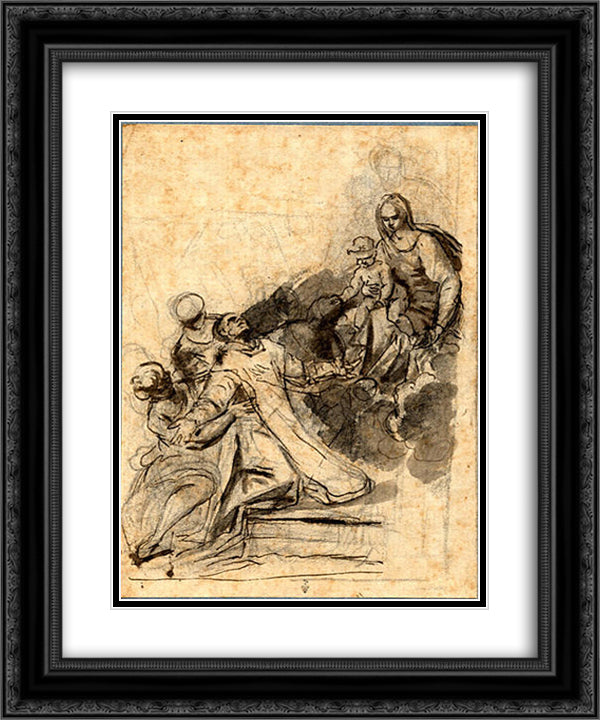 A saint kneeling and supported by angels, in ecstasy before the Virgin and Child on a Cloud 20x24 Black Ornate Wood Framed Art Print Poster with Double Matting by Murillo, Bartolome Esteban