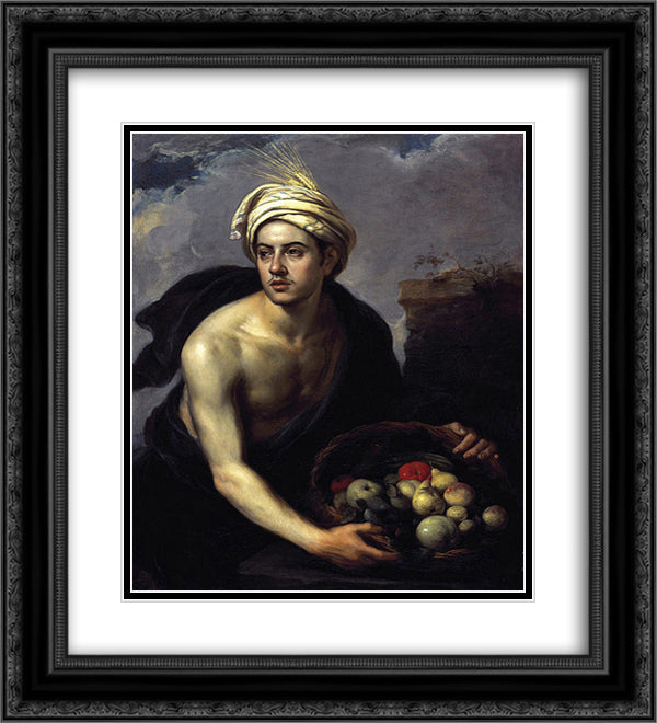 A Young Man with a Basket of Fruit 20x22 Black Ornate Wood Framed Art Print Poster with Double Matting by Murillo, Bartolome Esteban