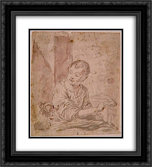 Child watching a dog 20x22 Black Ornate Wood Framed Art Print Poster with Double Matting by Murillo, Bartolome Esteban