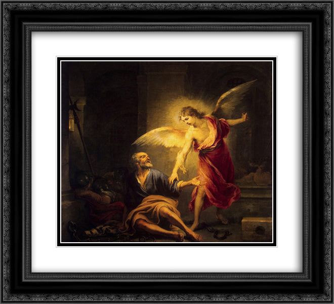 Liberation of St. Peter 22x20 Black Ornate Wood Framed Art Print Poster with Double Matting by Murillo, Bartolome Esteban