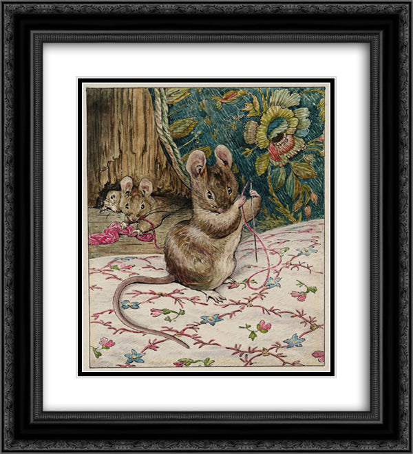 The Mice at Work.Threading the Needle 20x22 Black Ornate Wood Framed Art Print Poster with Double Matting by Potter, Beatrix