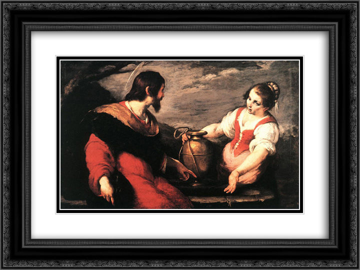 Christ and the Samaritan Woman 24x18 Black Ornate Wood Framed Art Print Poster with Double Matting by Strozzi, Bernardo