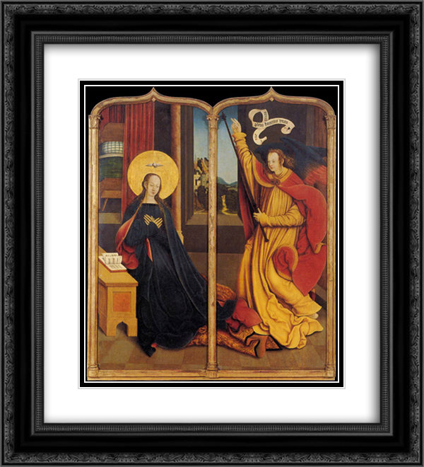 The Annunciation 20x22 Black Ornate Wood Framed Art Print Poster with Double Matting by Strigel, Bernhard