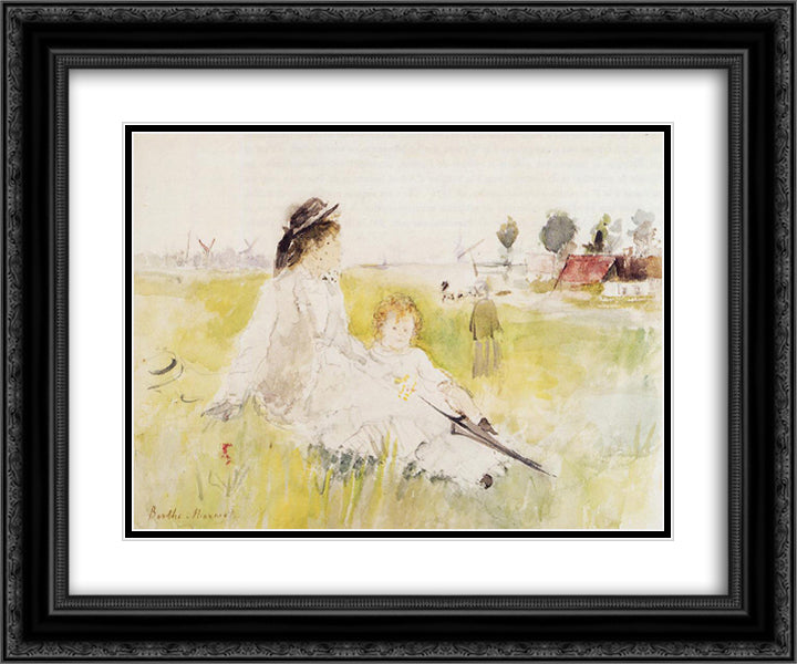 Girl and Child on the Grass 24x20 Black Ornate Wood Framed Art Print Poster with Double Matting by Morisot, Berthe