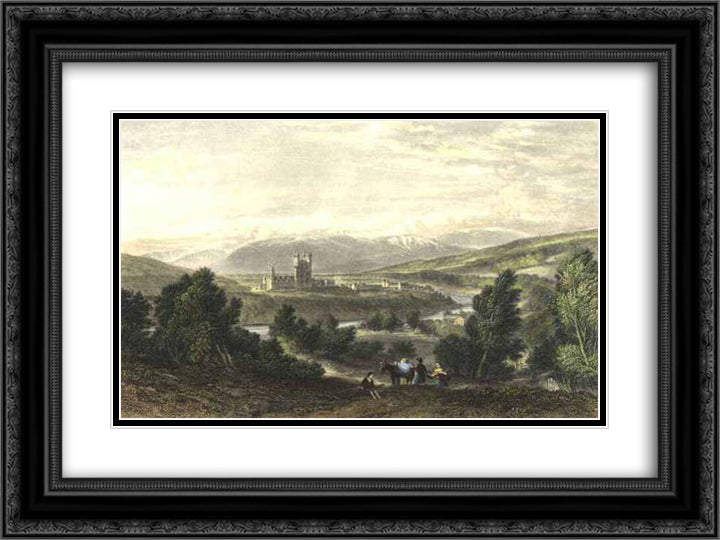 Balmoral castle, drawn by Leitch, engraved by J. Godfrey 24x18 Black Ornate Wood Framed Art Print Poster with Double Matting by Leitch, William Leighton