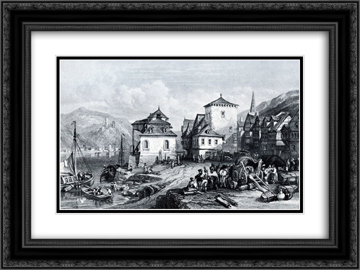 St. Goar um 1835, engraving by J.W. Archer after Leitch 24x18 Black Ornate Wood Framed Art Print Poster with Double Matting by Leitch, William Leighton