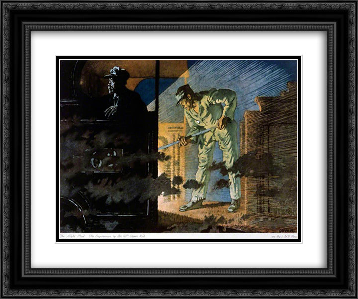 The Night Mail- The Engine Men 1924 24x20 Black Ornate Wood Framed Art Print Poster with Double Matting by Orpen, William