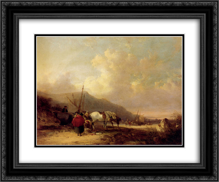 A Busy Beach Scene 24x20 Black Ornate Wood Framed Art Print Poster with Double Matting by Shayer, William