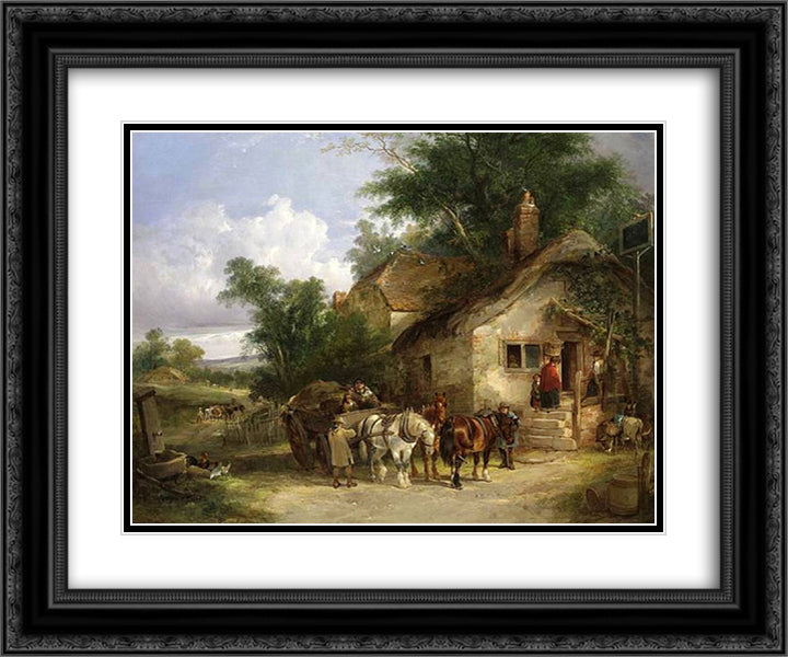 A Halt at the Inn 24x20 Black Ornate Wood Framed Art Print Poster with Double Matting by Shayer, William