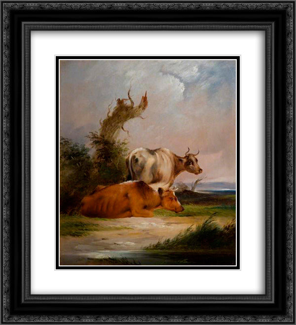 Cows, White Cow Standing 20x22 Black Ornate Wood Framed Art Print Poster with Double Matting by Shayer, William