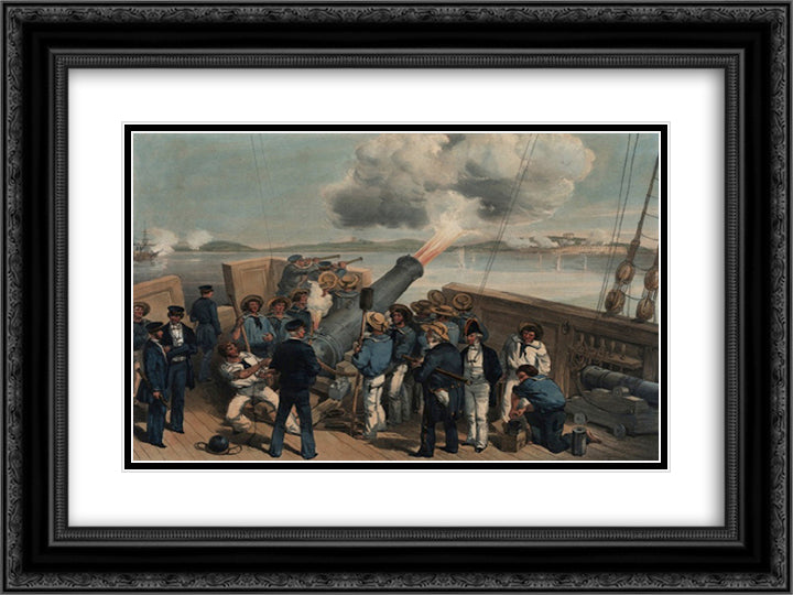 Bombardment of Bomarsund 24x18 Black Ornate Wood Framed Art Print Poster with Double Matting by Simpson, William
