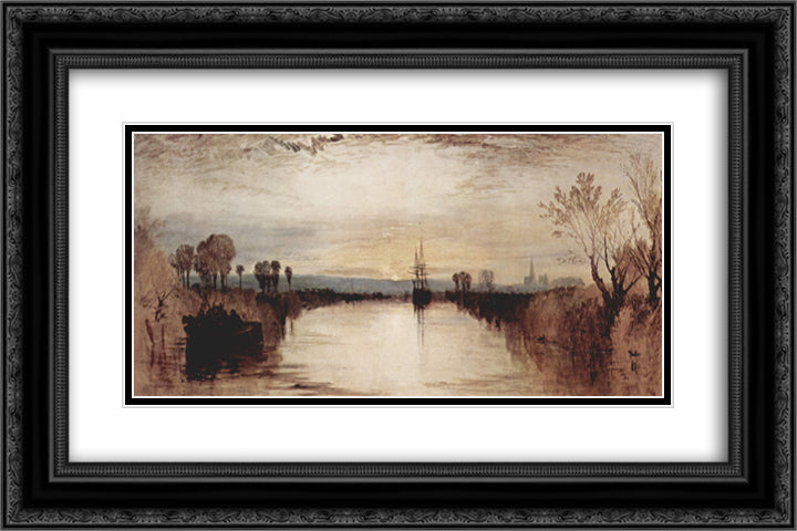Chichester Canal 24x16 Black Ornate Wood Framed Art Print Poster with Double Matting by Turner, William