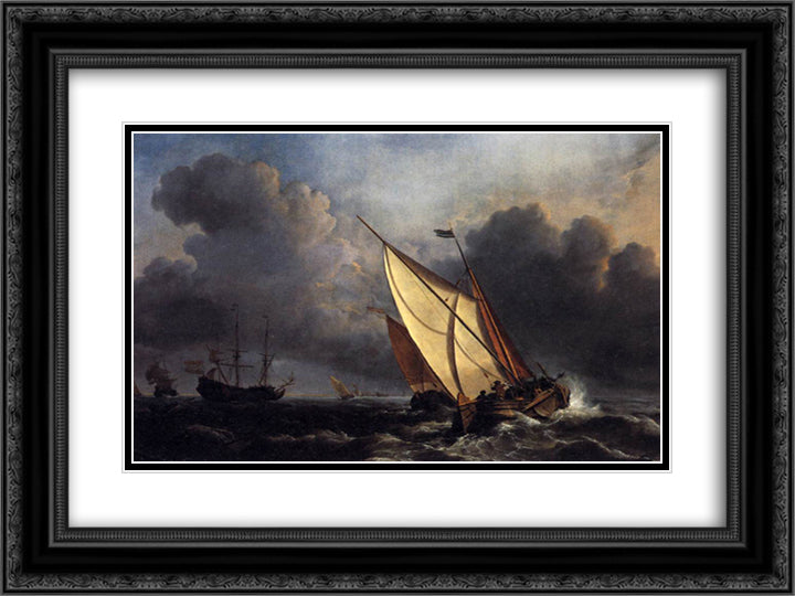 Dutch Fishing Boats in a Storm 24x18 Black Ornate Wood Framed Art Print Poster with Double Matting by Turner, William