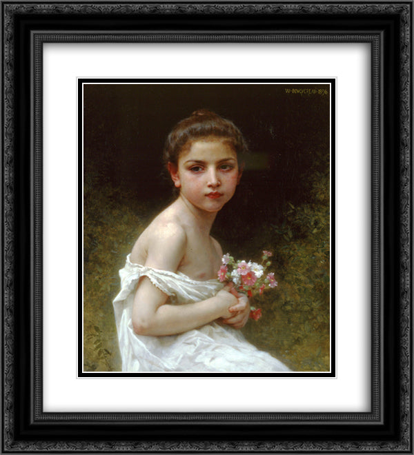 Girl bouquet 20x22 Black Ornate Wood Framed Art Print Poster with Double Matting by Bouguereau, William Adolphe