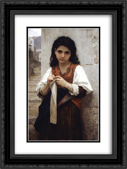 Knitting machine 18x24 Black Ornate Wood Framed Art Print Poster with Double Matting by Bouguereau, William Adolphe