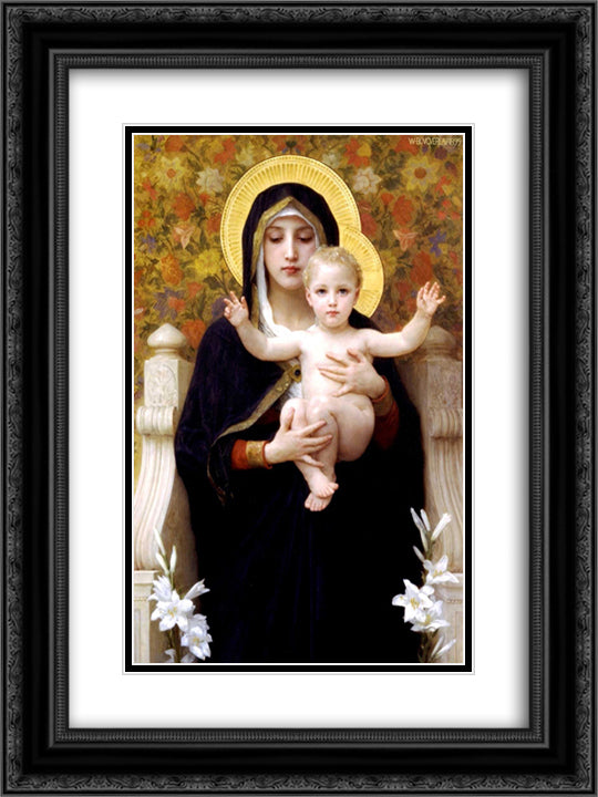 The Madonna of the Lilies 18x24 Black Ornate Wood Framed Art Print Poster with Double Matting by Bouguereau, William Adolphe