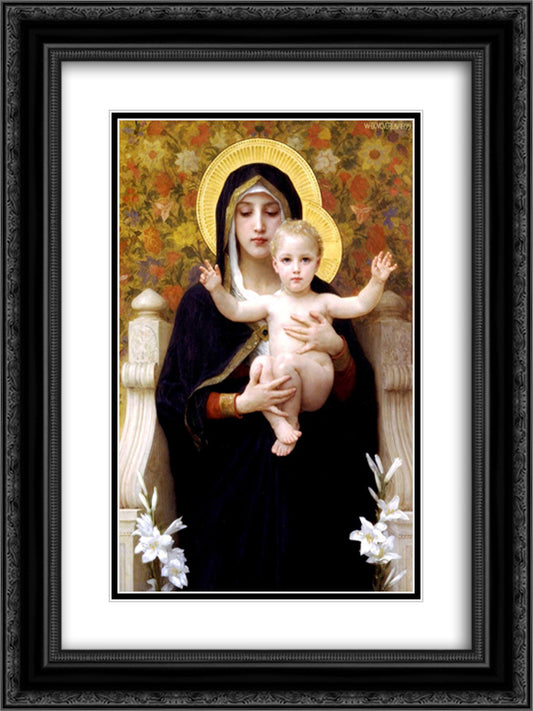 The Madonna of the Lilies 18x24 Black Ornate Wood Framed Art Print Poster with Double Matting by Bouguereau, William Adolphe