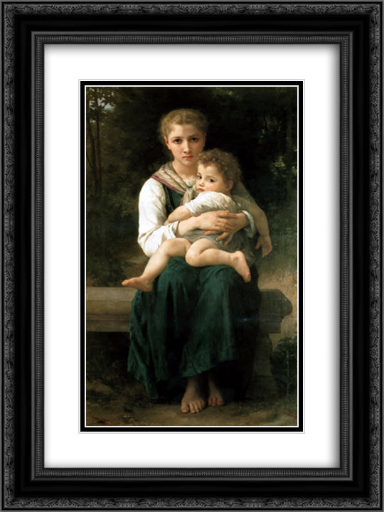 The Two Sisters 18x24 Black Ornate Wood Framed Art Print Poster with Double Matting by Bouguereau, William Adolphe