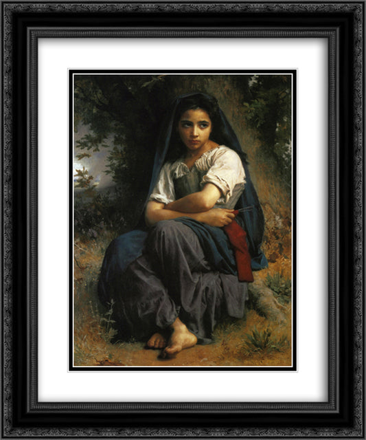 The Little Knitter 20x24 Black Ornate Wood Framed Art Print Poster with Double Matting by Bouguereau, William Adolphe