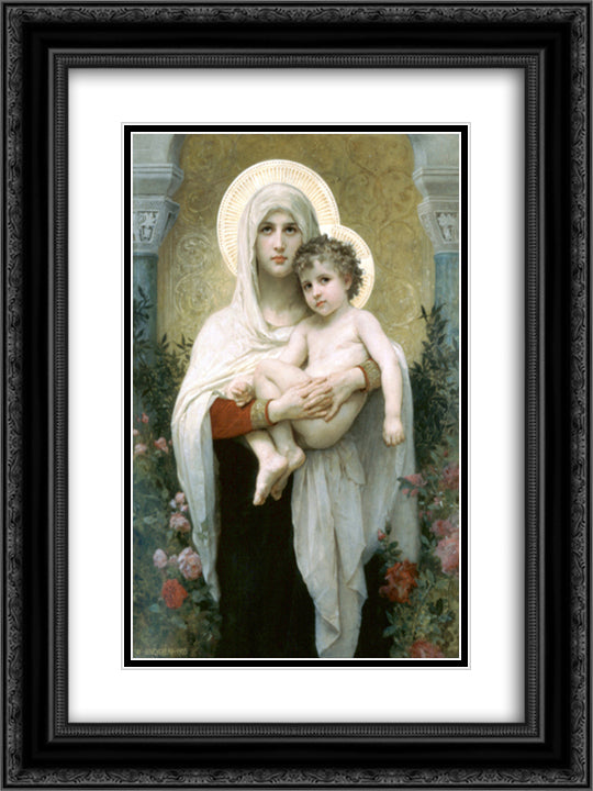 The Madonna of the Roses 18x24 Black Ornate Wood Framed Art Print Poster with Double Matting by Bouguereau, William Adolphe