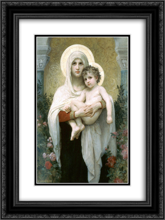 The Madonna of the Roses 18x24 Black Ornate Wood Framed Art Print Poster with Double Matting by Bouguereau, William Adolphe