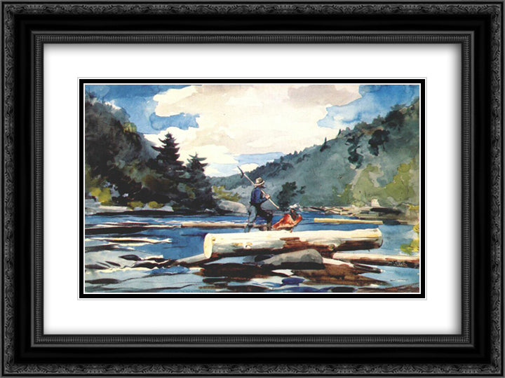 Hudson river, logging 24x18 Black Ornate Wood Framed Art Print Poster with Double Matting by Homer, Winslow