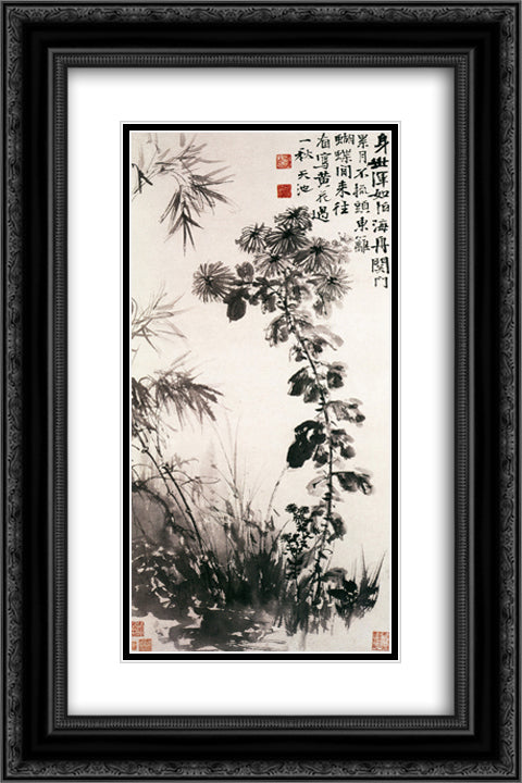 Chrysanthemums and Bamboos 16x24 Black Ornate Wood Framed Art Print Poster with Double Matting by Xu Wei