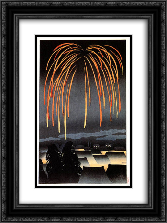 Festival Night Fireworks 18x24 Black Ornate Wood Framed Art Print Poster with Double Matting by Toyonari, Yamamura