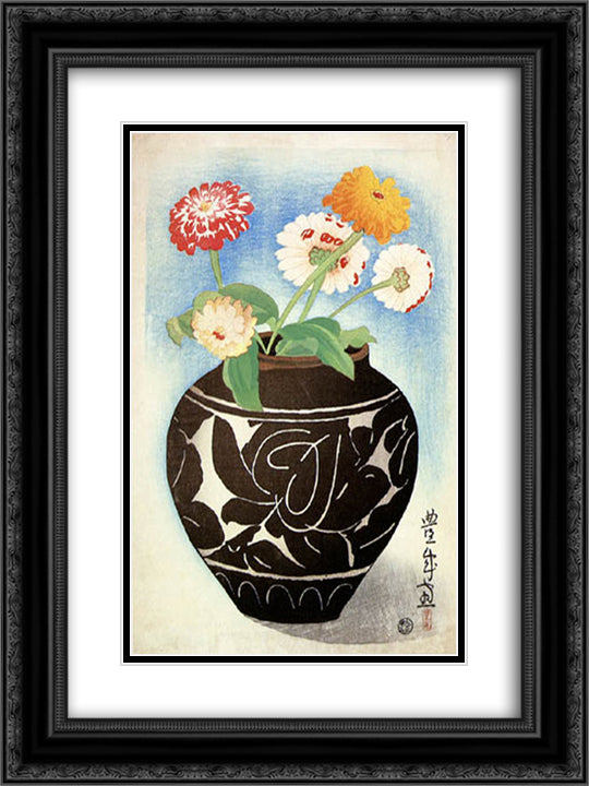 Jar of Dahlias 18x24 Black Ornate Wood Framed Art Print Poster with Double Matting by Toyonari, Yamamura