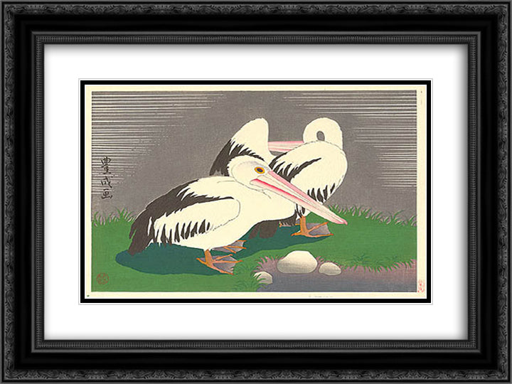 Pelicans 24x18 Black Ornate Wood Framed Art Print Poster with Double Matting by Toyonari, Yamamura