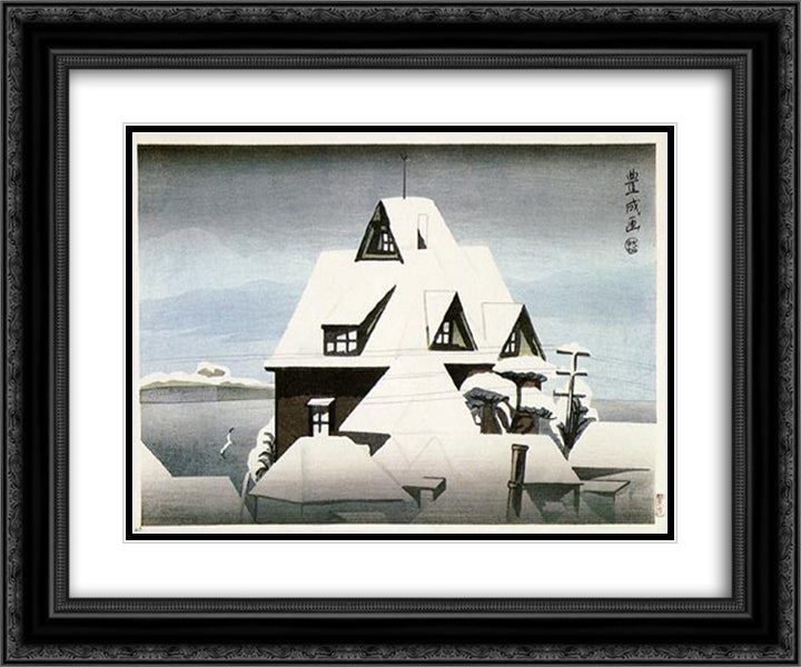 Shinagawa in Snow 24x20 Black Ornate Wood Framed Art Print Poster with Double Matting by Toyonari, Yamamura