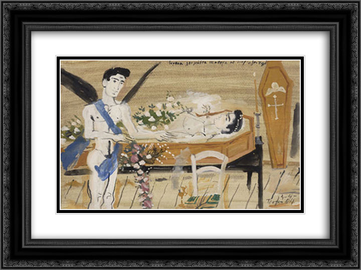 Illustration for Cavafy's poem Lovely White Flowers 24x18 Black Ornate Wood Framed Art Print Poster with Double Matting by Tsaroychis, Yiannis