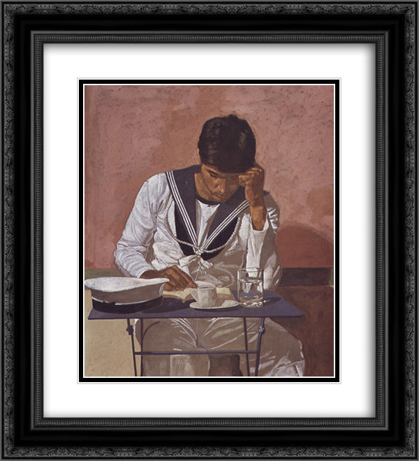 Mariner reading on pink background 20x22 Black Ornate Wood Framed Art Print Poster with Double Matting by Tsaroychis, Yiannis