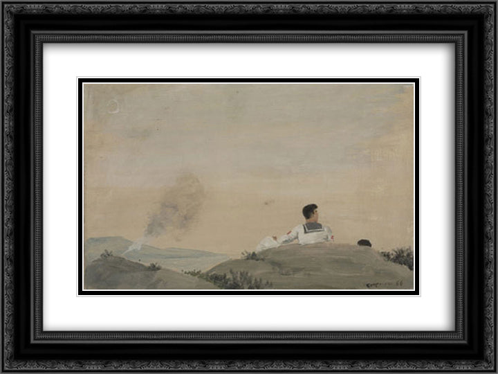Rocks with two sailors 24x18 Black Ornate Wood Framed Art Print Poster with Double Matting by Tsaroychis, Yiannis