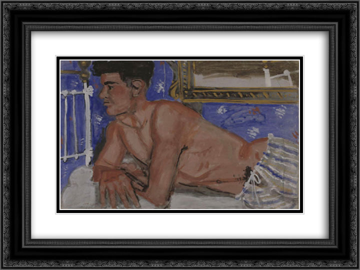 Young man standing like Olympia's statue wearing pajamas 24x18 Black Ornate Wood Framed Art Print Poster with Double Matting by Tsaroychis, Yiannis