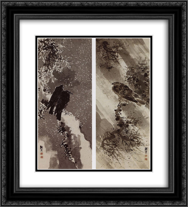 A Black Hawk and Two Crows 20x22 Black Ornate Wood Framed Art Print Poster with Double Matting by Buson, Yosa