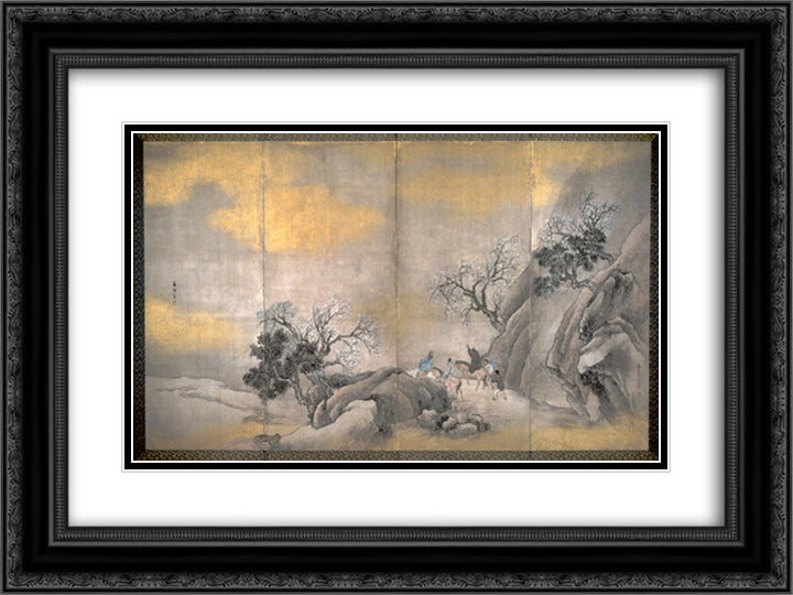 Travelers on Horseback on a Mountain in Spring 24x18 Black Ornate Wood Framed Art Print Poster with Double Matting by Buson, Yosa